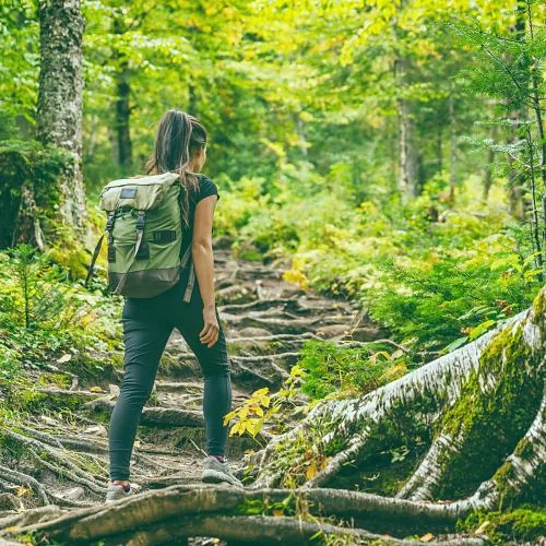 Escursionista con zaino cammina in un bosco della Sardegna